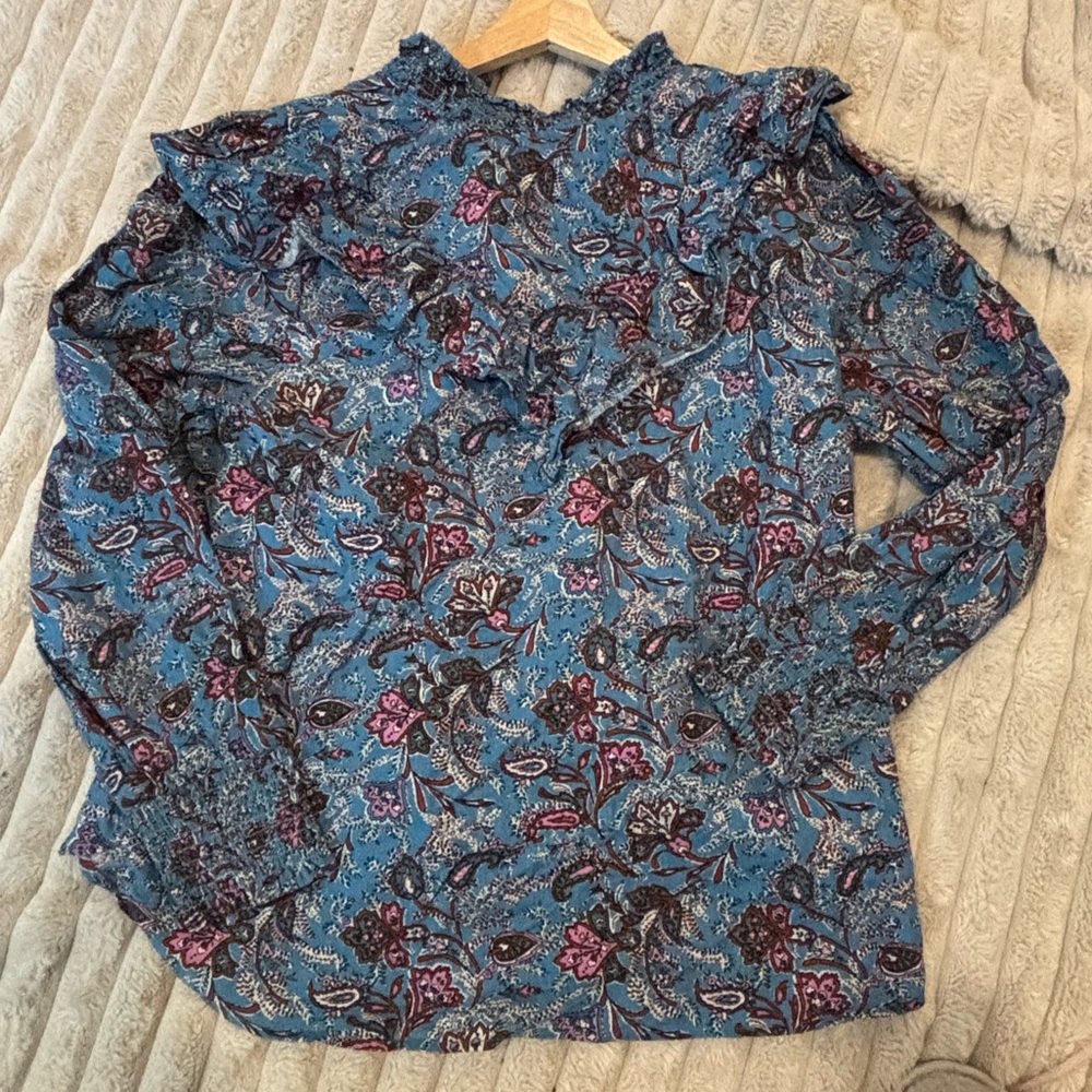 LOFT Blue Floral Ruffled Long-Sleeve Blouse xl
